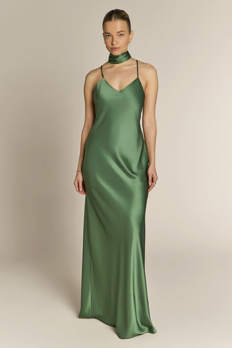 Brooklyn Dress in Olive Green Satin - Rewritten London Brooklyn Dress in Olive Green Satin - Rewritten London