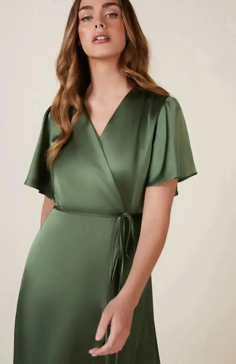 Florence Wrap Bridesmaids Dress In Olive Green Satin