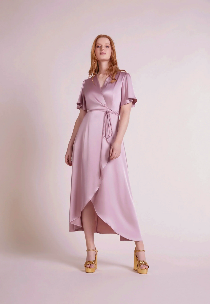Florence Wrap Bridesmaids Dress In Rose Pink Satin