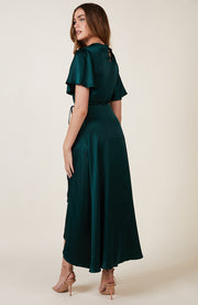 Florence Waterfall Dress in Forest Green Satin