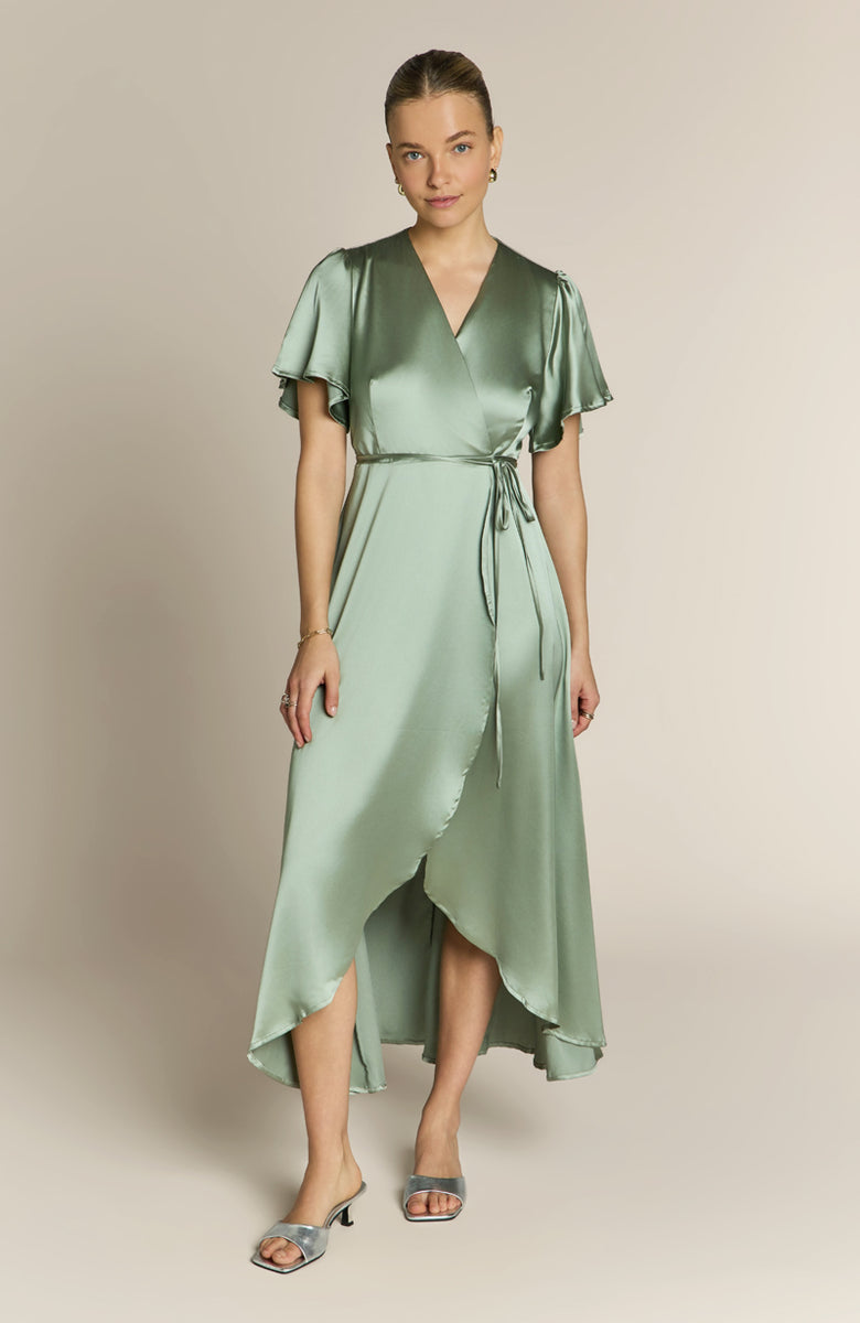 Florence Wrap Bridesmaids Dress In Sage Green Satin – Rewritten
