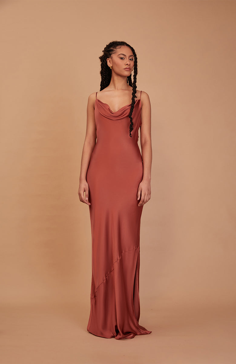 Pollenca Dress in Terracotta Lenzing™ Ecovero™ Satin – Rewritten