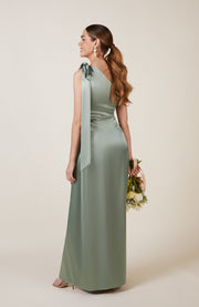 Satin one shoulder bridesmaids dress in sage green with a detachable bow. A beautiful rich mint marine green this dress is a modern and stylish option for all occasions.