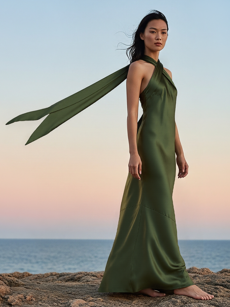 Long satin olive green bridesmaid dress with long flowing ties