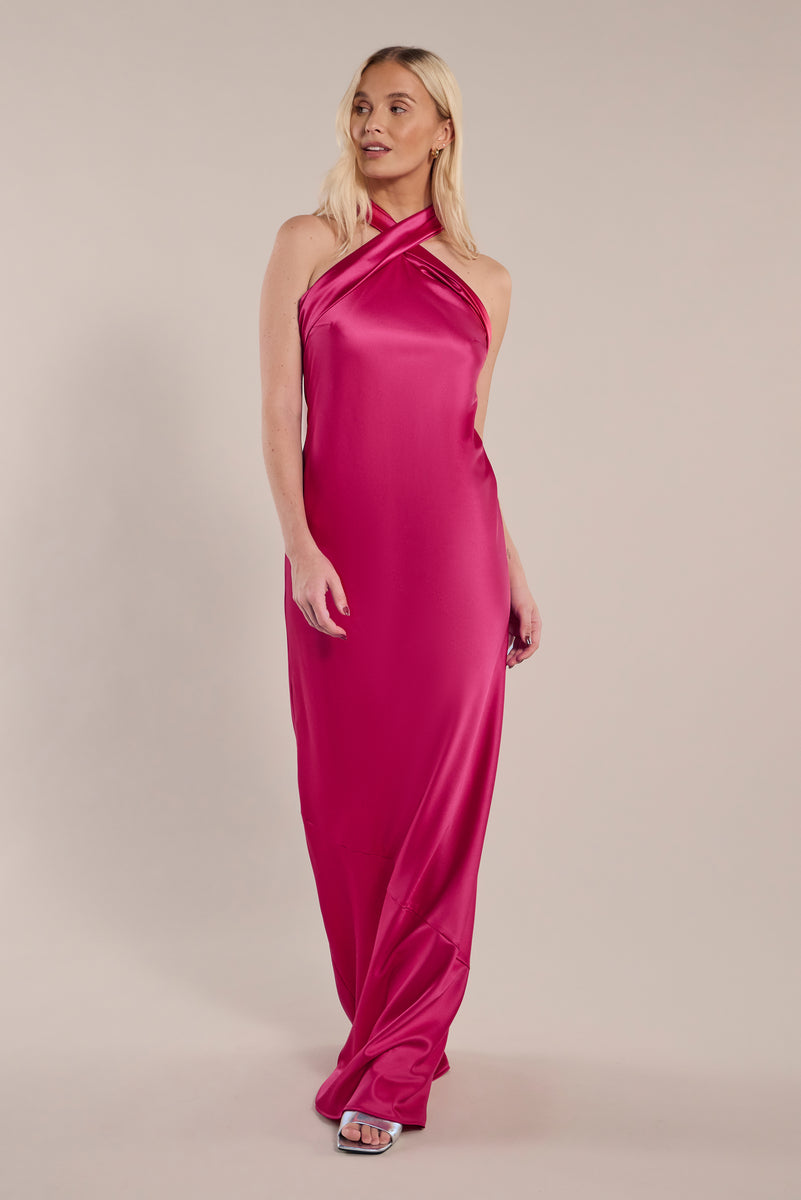 rewritten roma halterneck bridesmaid dress in Hot Pink Satin — Maxi Dress Satin maxi dress