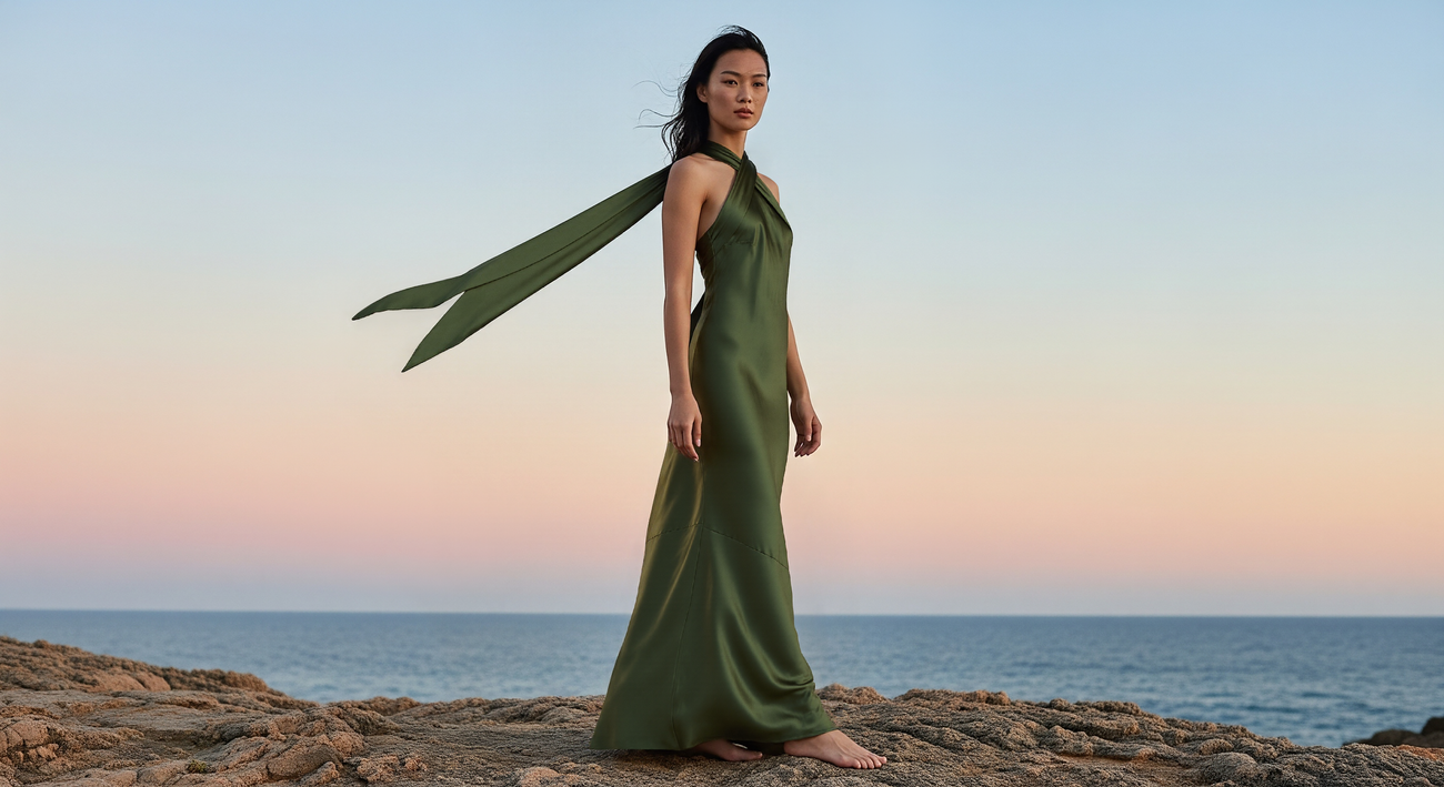 Long satin olive green bridesmaid dress with long flowing ties