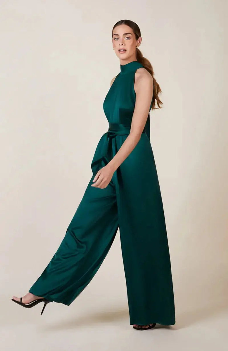 Soho Bridesmaids Jumpsuit In Forest Green Satin Rewritten