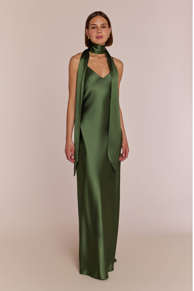 strapless open back dress Vero Dress In Olive Green Doppio Satin main image 0