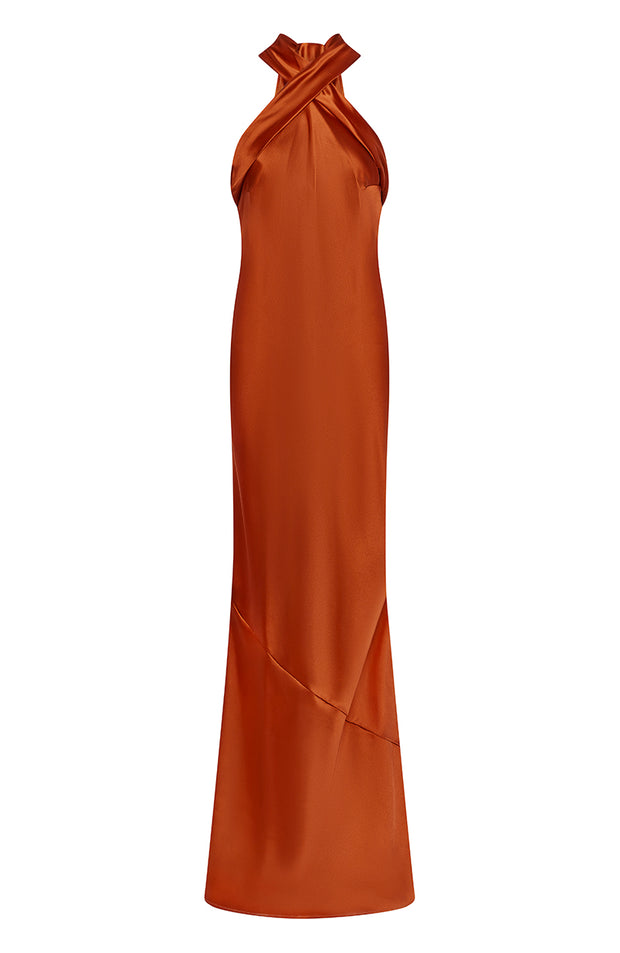Bias cut satin cross over halterneck bridesmaids dress in burnt orange. A beautiful rich copper rust colour, this dress is a modern and stylish option for all occasions.