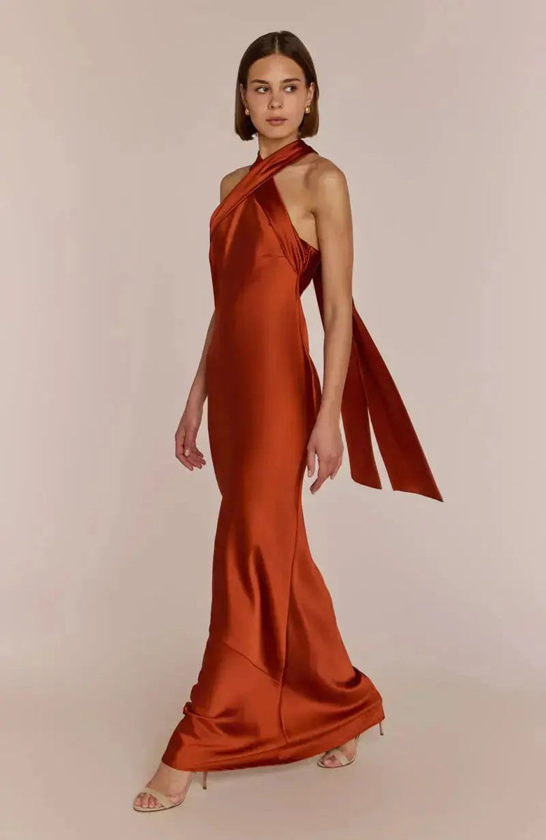 Roma Dress in Burnt Orange Satin Shop Now – Rewritten