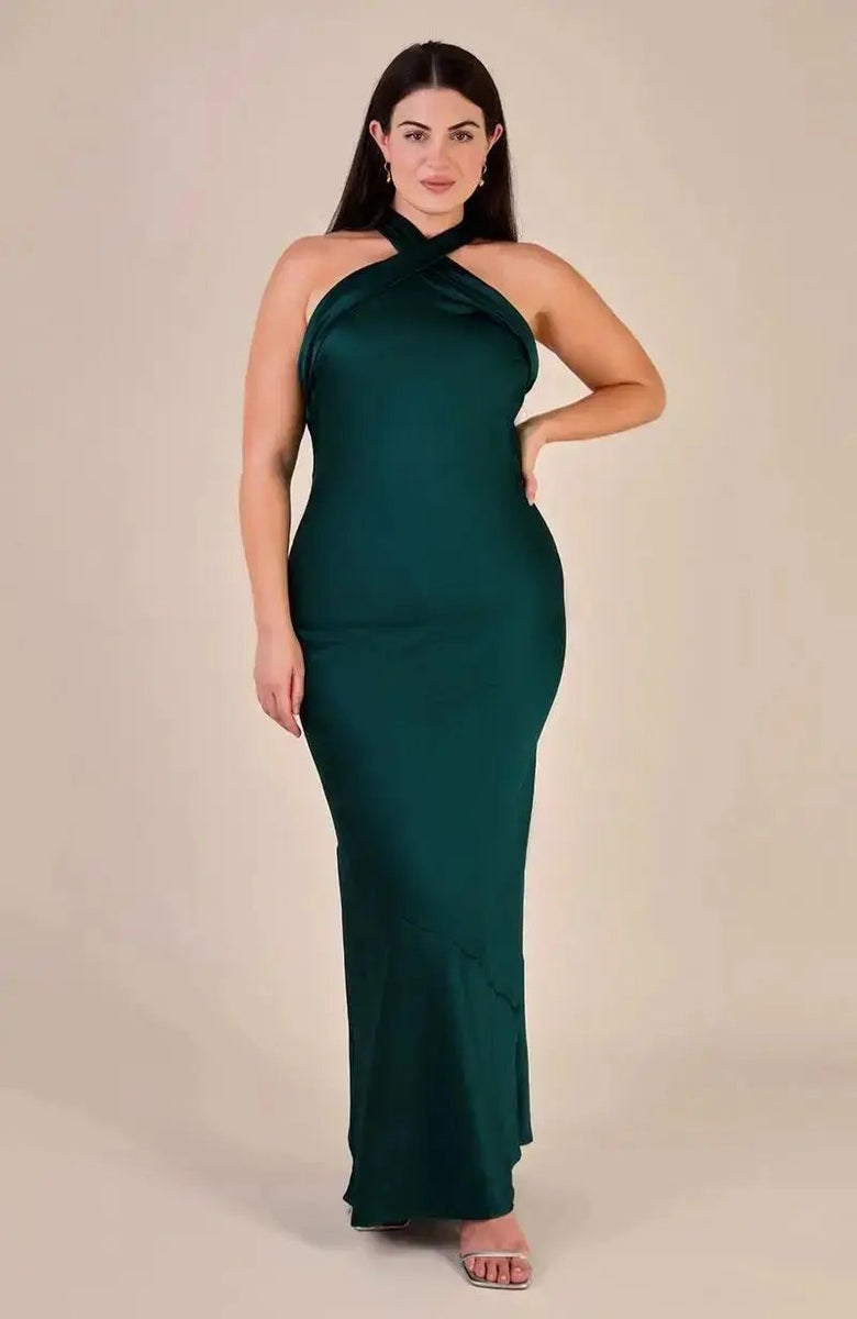 Roma Halterneck Bridesmaids Dress In Forest Green