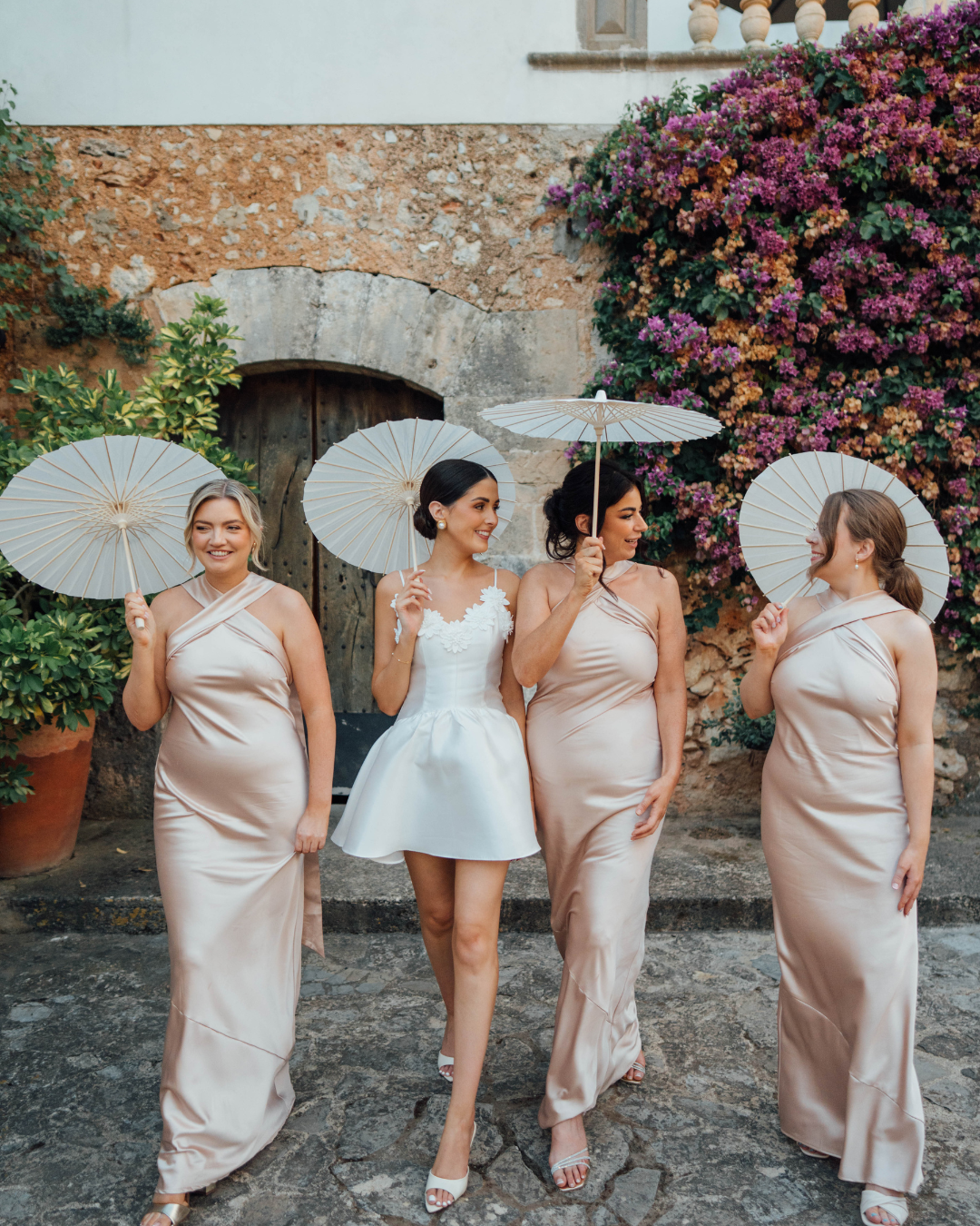Mallorca Wedding Bridesmaids in Satin | Roma Champagne Dress for Summer Heat Rewritten Mallorca Wedding Bridesmaids in Satin | Roma Champagne Dress for Summer Heat Rewritten