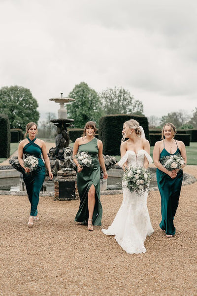 mix of olive and forest green satin bridesmaids dresses