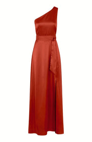 Satin one shoulder bridesmaids dress in burnt orange with a detachable bow. A beautiful rich copper rust colour, this dress is a modern and stylish option for all occasions.