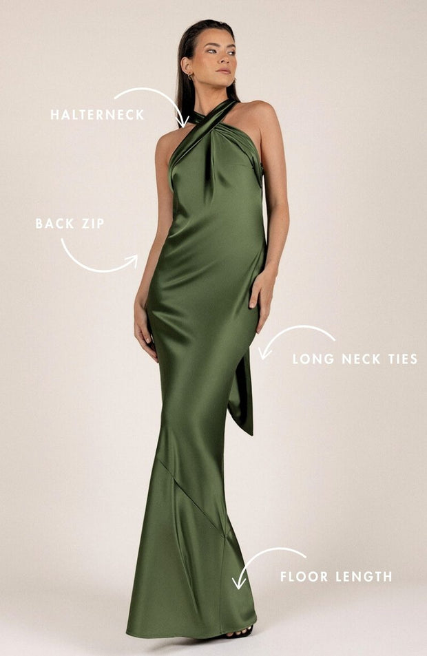 Roma Dress in Olive Green Satin