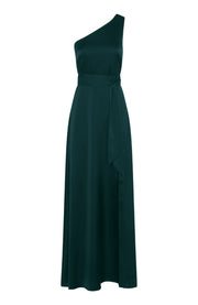 Satin one shoulder bridesmaids dress in forest green with a detachable bow. A beautiful rich forest dark bottle green this dress is a modern and stylish option for all occasions.