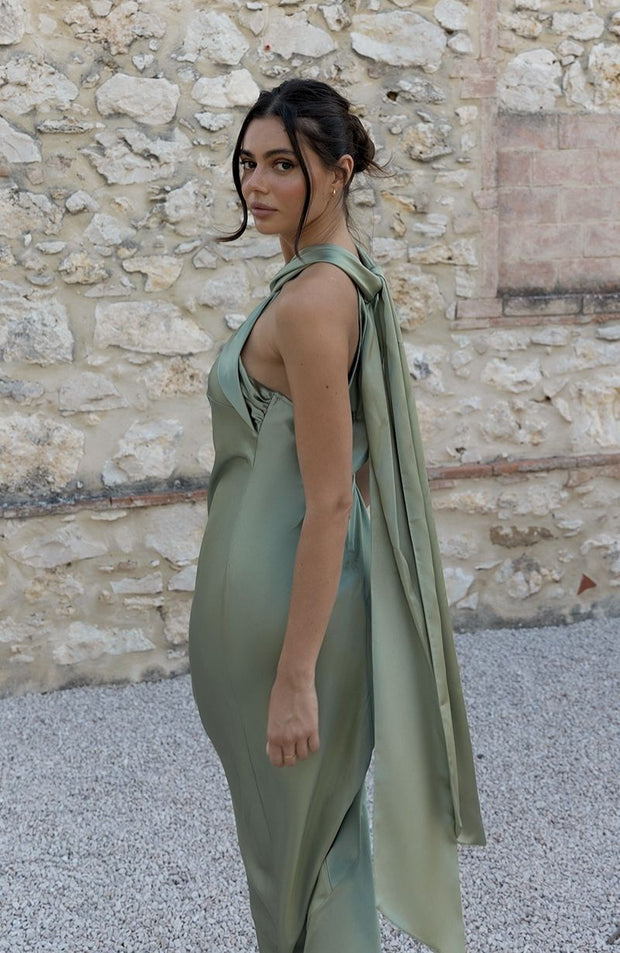 Roma Dress in Sage Green Satin