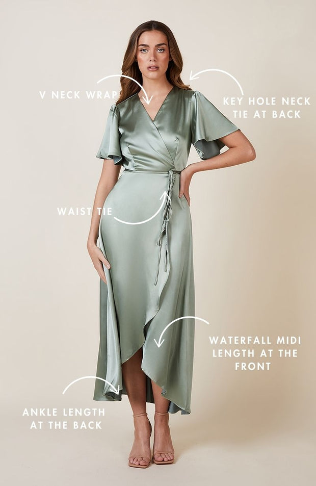 sage green satin florence wrap waterfall bridesmaids dress