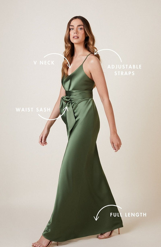 olive green satin slip bridesmaids dress