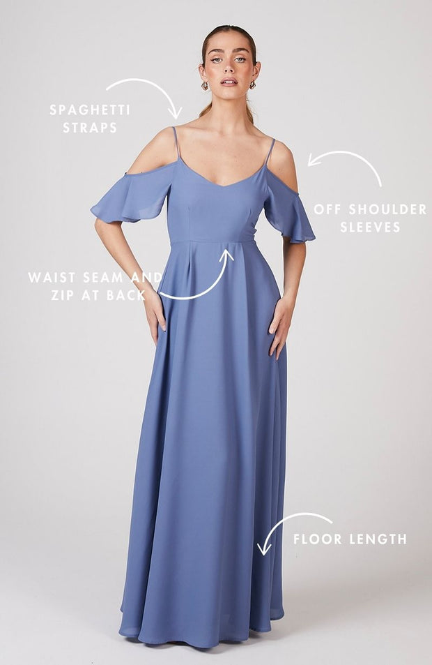 off shoulder bluebell cornflower blue bridesmaids dress