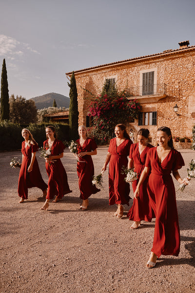 wrap bridesmaids dress in dark red burgundy chianti