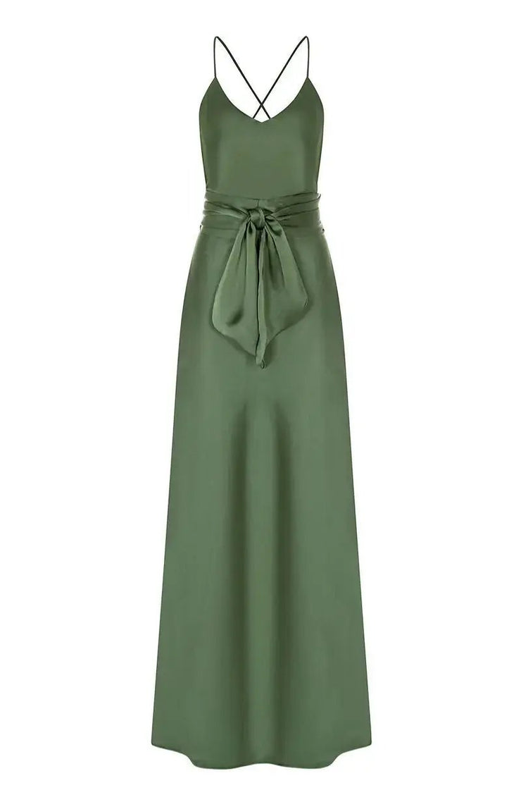 Brooklyn Dress in Olive Green Satin - Rewritten London Brooklyn Dress in Olive Green Satin - Rewritten London