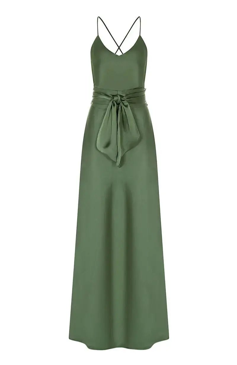 slim fit dress slacks Olive Green Wrap Satin Dress With Flutter Sleeves – Désir Couture