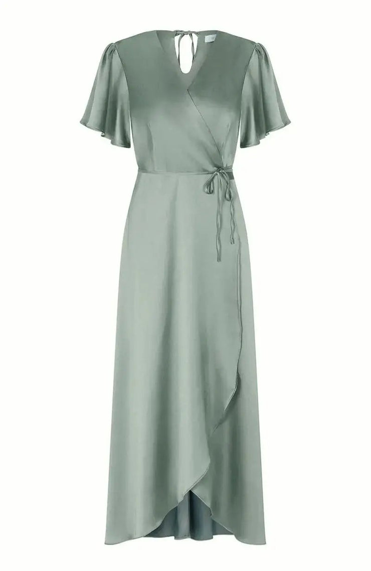 Florence Wrap Bridesmaids Dress In Sage Green Satin Rewritten Florence Wrap Bridesmaids Dress In Sage Green Satin Rewritten