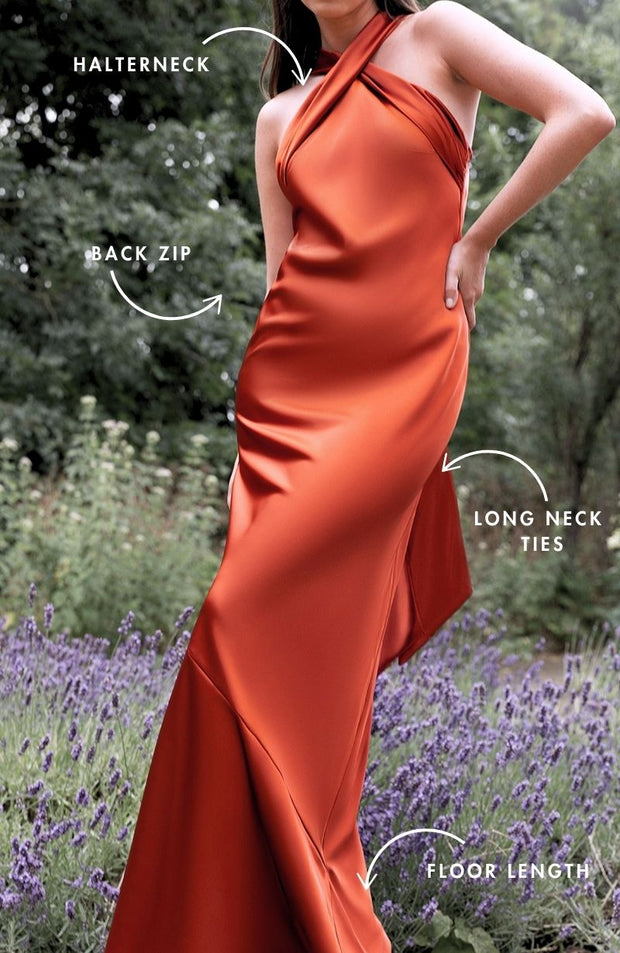 roma haltnereck bridesmaids dress in burnt orange satin