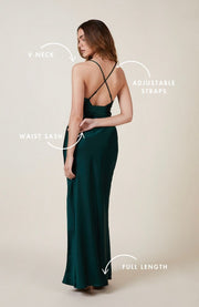 forest green strappy slip satin bridesmaids dress