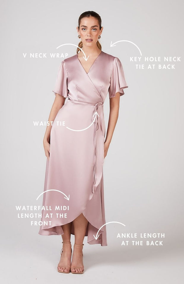 rose pink satin florence wrap waterfall bridesmaids dress