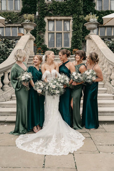 mix of green bridesmaids dresses in satin