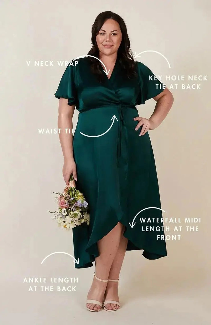 Florence Waterfall Bridesmaids Dress in Forest Green Satin - Rewritten London Florence Waterfall Bridesmaids Dress in Forest Green Satin - Rewritten London