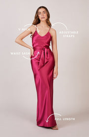 hot pink satin slip bridesmaids dress