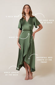 olive green satin florence wrap waterfall bridesmaids dress