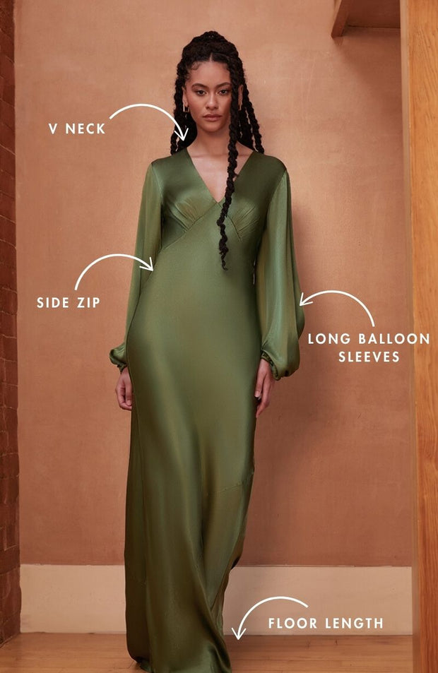 Valencia Dress in Olive Lenzing™ Ecovero™ Satin