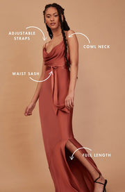 terracotta cowl neck bridesmaids dress in satin