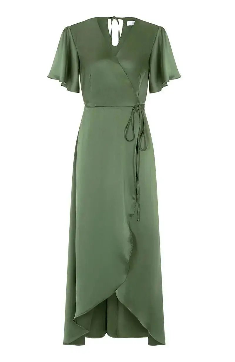 Florence Waterfall Wrap Dress in Olive Green Satin