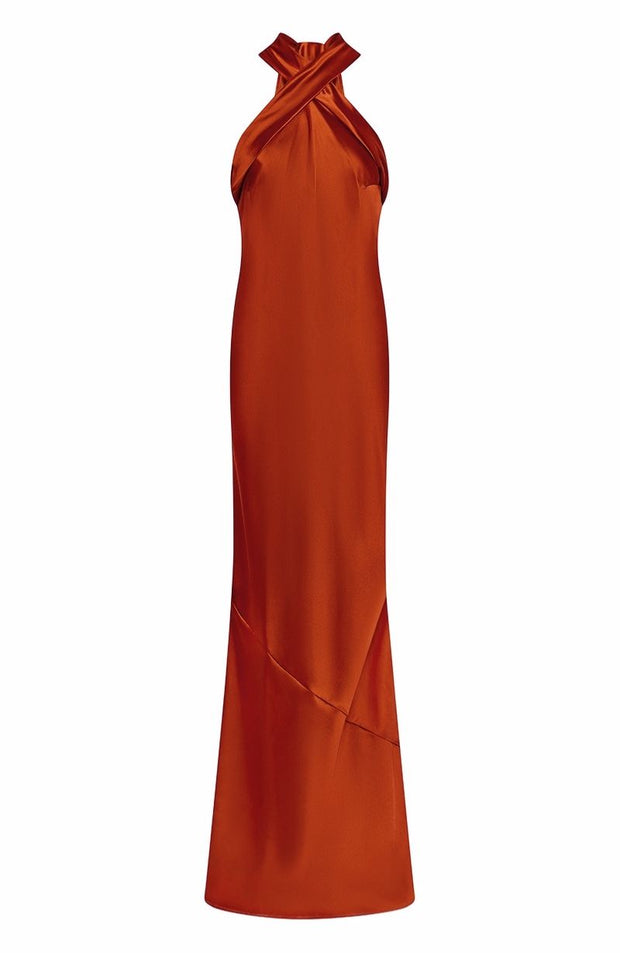 Roma Dress in Burnt Orange Satin