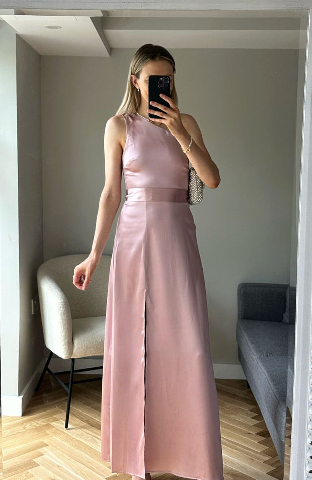 one-shoulder-rose-pink-satin-bridesmaids-dress