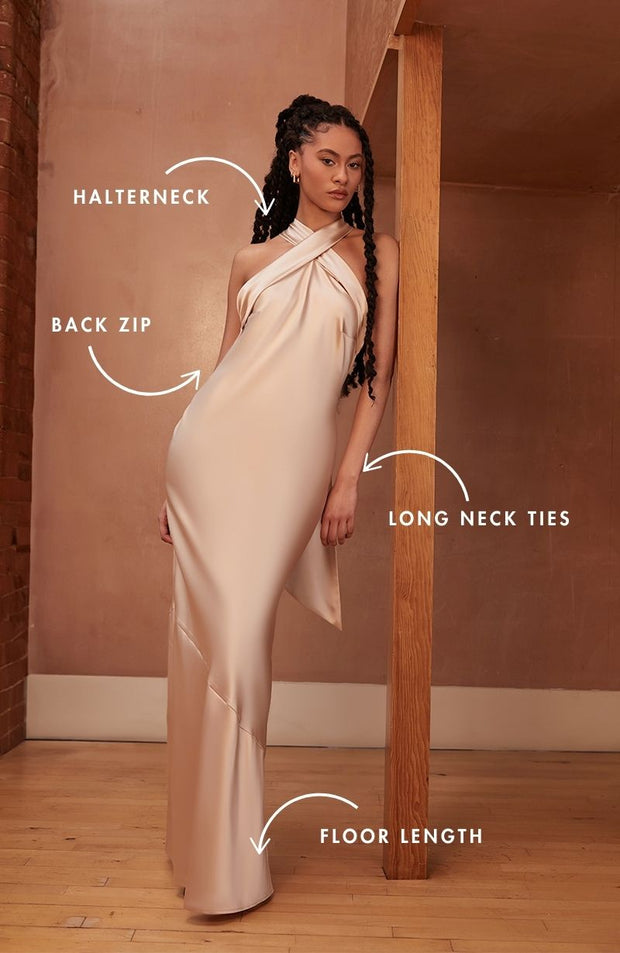 Roma halterneck satin dress in champagne