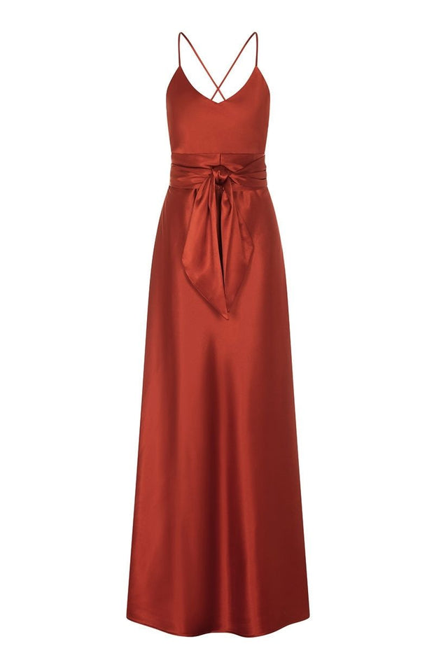 Burnt orange slip satin bridesmaids dress