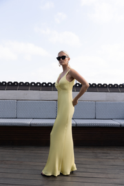Yellow long satin bridesmaid gown in lemon