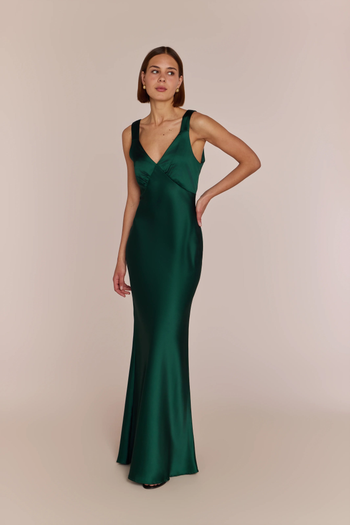 Amelia forest green satin bridesmaid dress