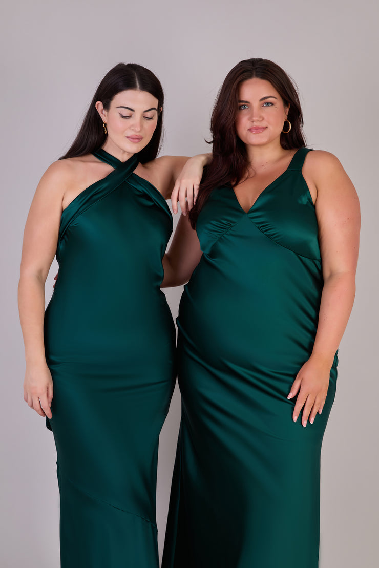 Amelia Forest Green Satin Bridesmaid Dress | Bias-Cut Maxi | Sizes 8–20
