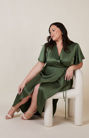 Florence Waterfall Dress in Olive Green Satin SAMPLE SALE