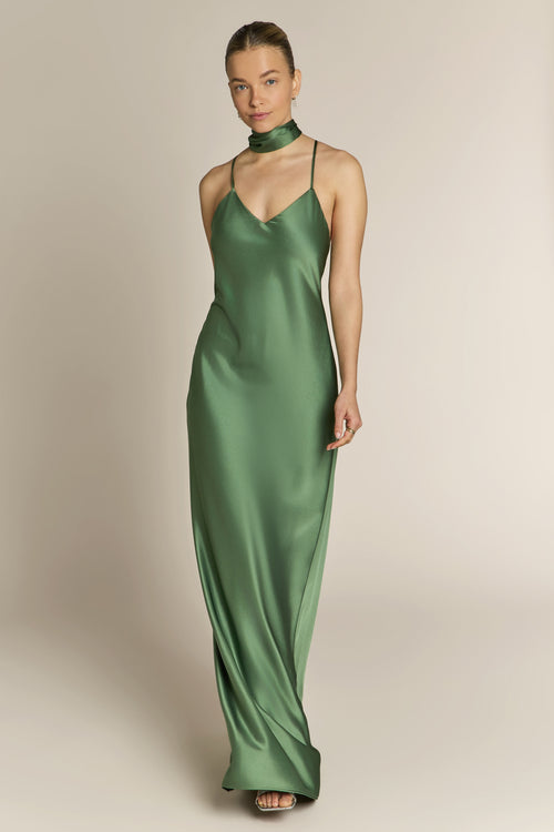 Brooklyn Dress in Olive Green Satin
