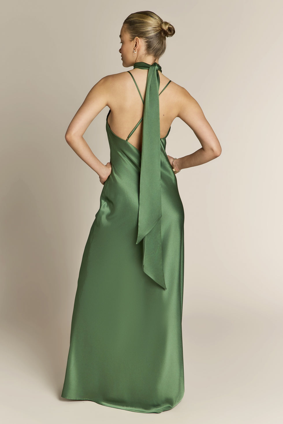brooklyn dress in olive green satin product info and reviews Rewritten Brooklyn Satin Slip Maxi Dress, Olive