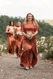 Terracotta rust satin bridesmaids dresses