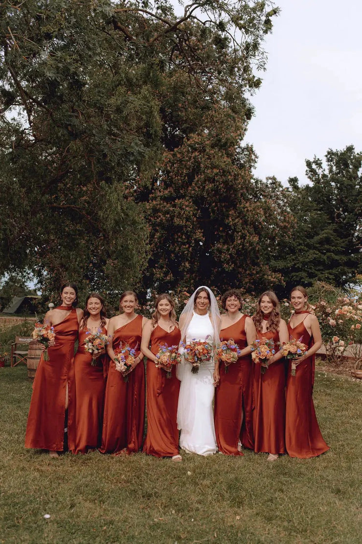 Porto One Shoulder Bridesmaids Dress in Burnt Orange Satin Porto One Shoulder Bridesmaids Dress in Burnt Orange Satin